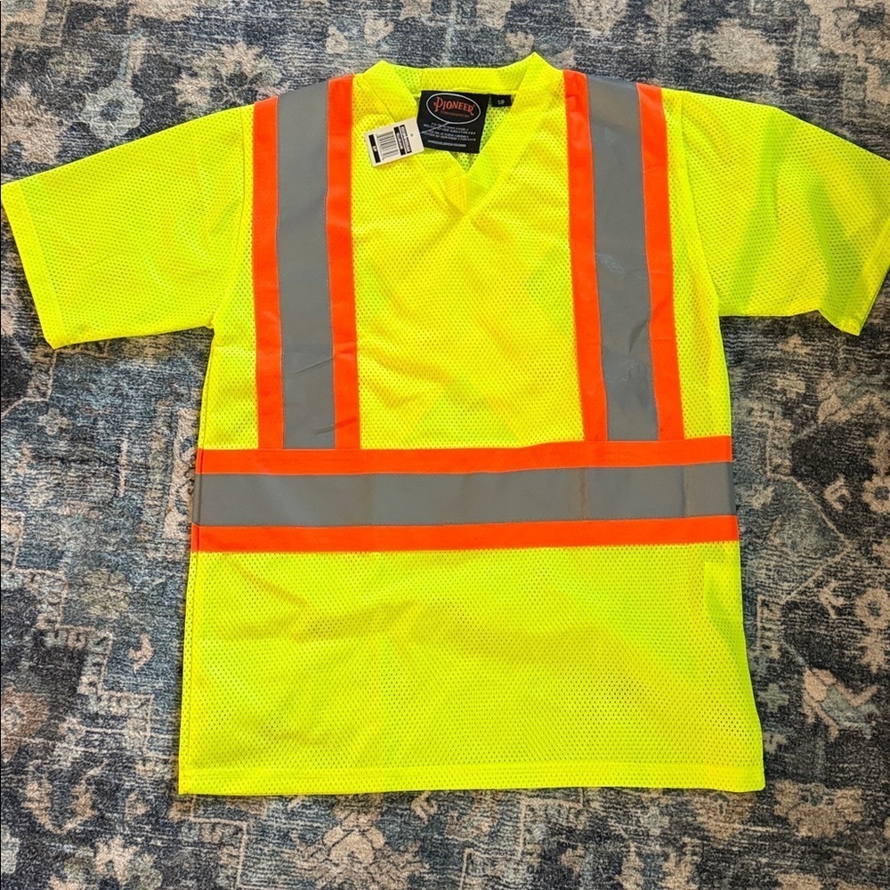 PIONEER CSA Neon Yellow Safety Shirt Orange & Gray reflective Stripes Small